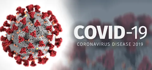 A render of a covid-19 virus particle with Coronavirus -- Covid 19 caption