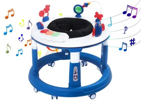 a boyro baby walker, a donut shaped two-tiered baby toy, with musical notes surrounding it
