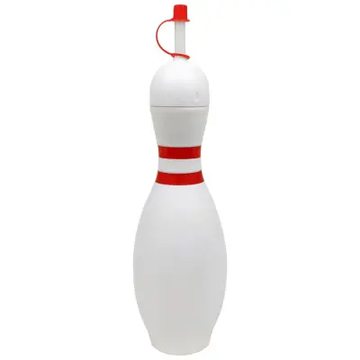 a plastic bowling pin with a straw coming out the top