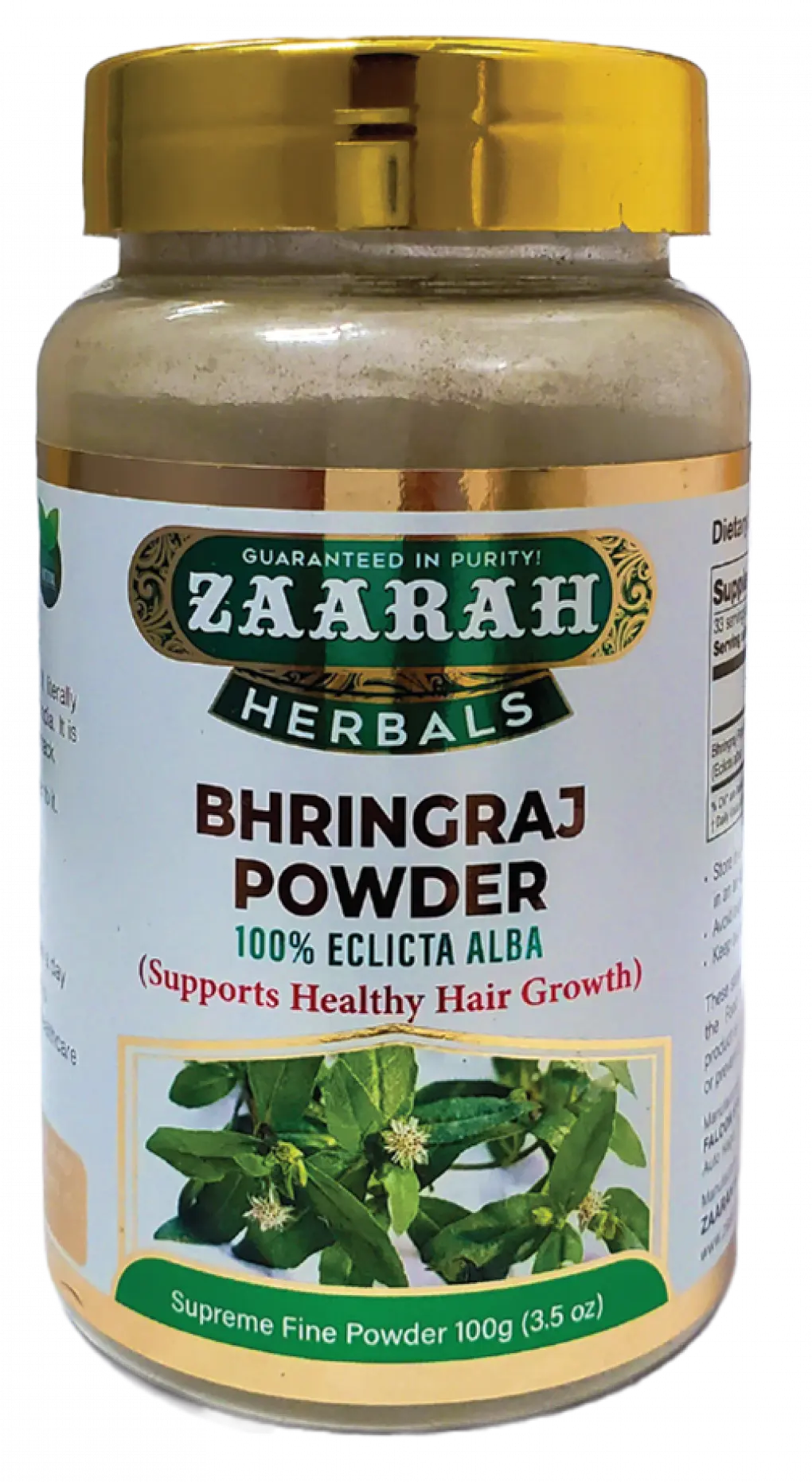 a container of zaarah herbals bhringraj powder with a golden yellow lid and white label