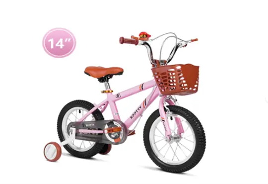 a child's small bicycle with basket and training wheels, with 14 inches indicated on the top left
