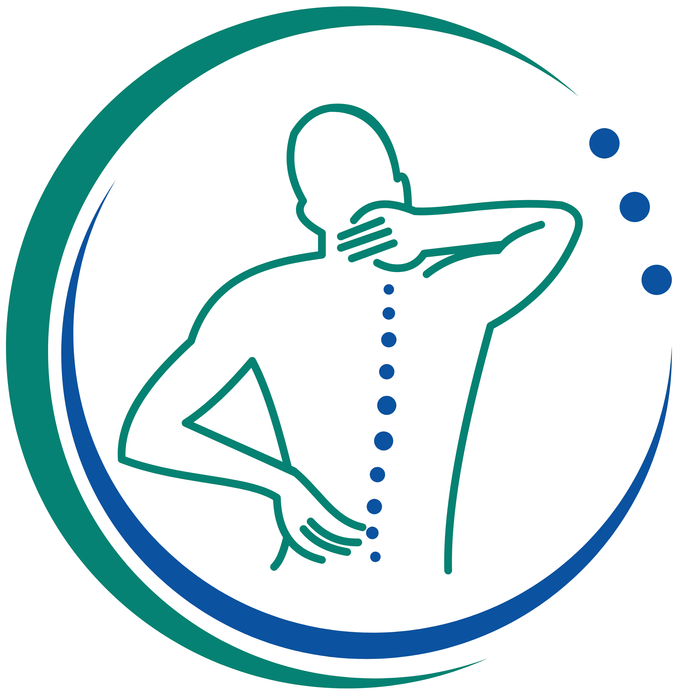 an illustration of a human with a hand on their neck and lower back, with their spine dotted down their back
