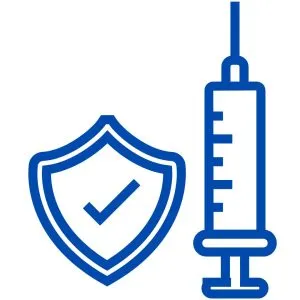 a blue shield with a checkbox and a blue syringe on a white background